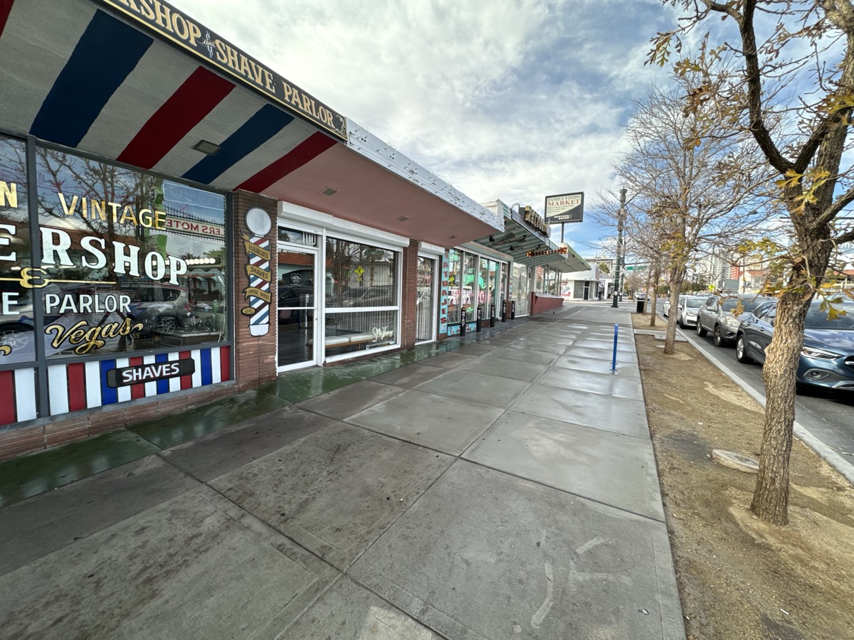 Clean Las Vegas storefront sidewalk and windows on a downtown commercial strip