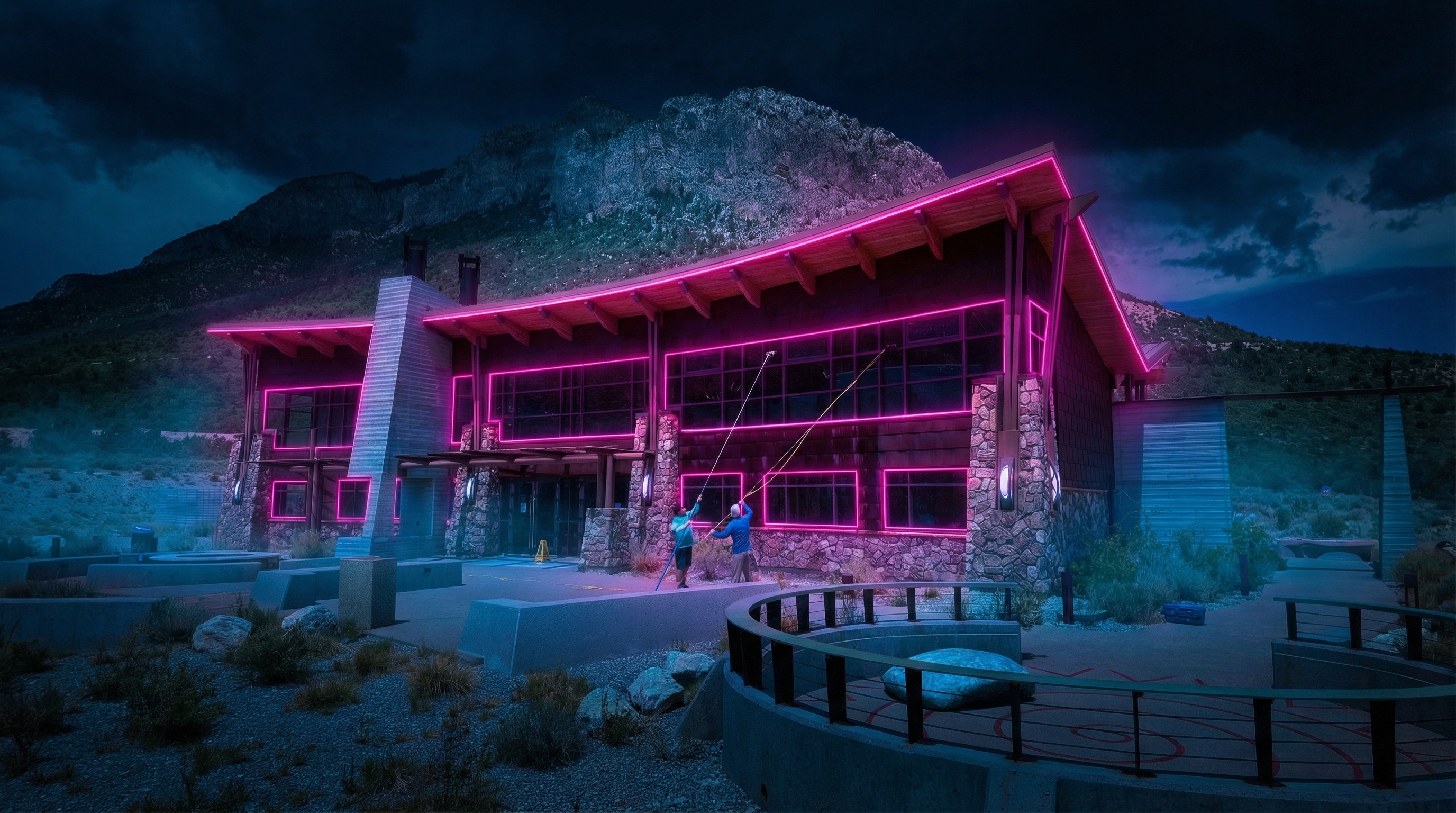 Neon Window Cleaning crew cleaning commercial building at night with neon lighting