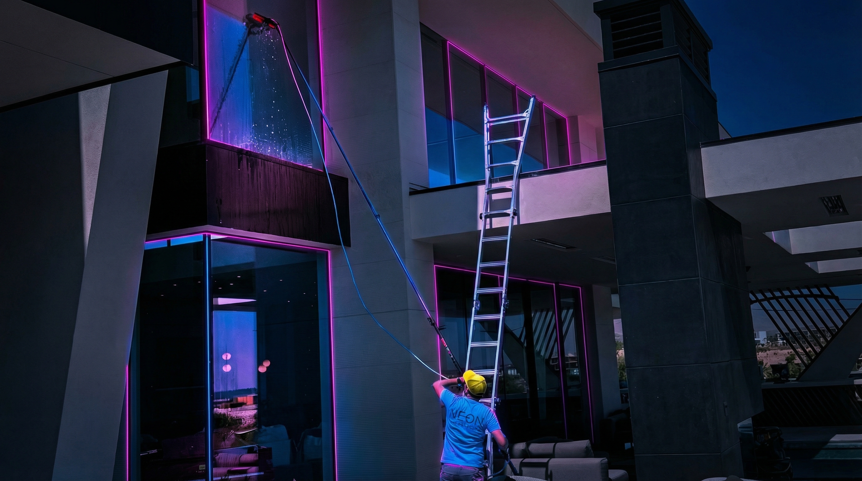 Neon Window Cleaning technician professionally cleaning exterior windows on a residential home in Las Vegas Nevada