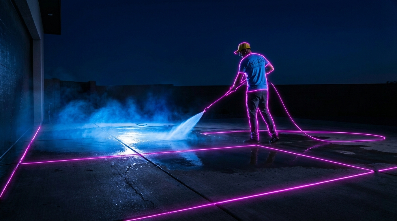 Neon Window Cleaning technician pressure washing a paved driveway in Las Vegas with dramatic water spray
