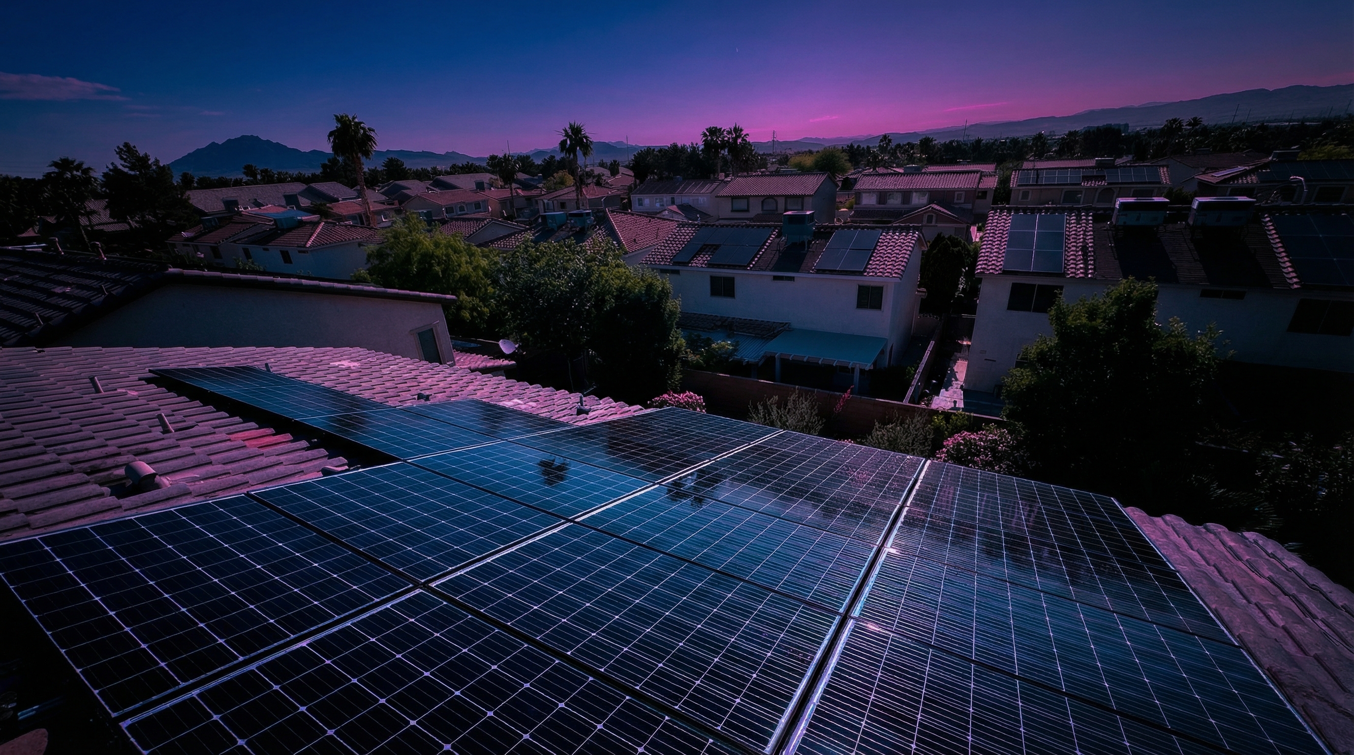 Neon Window Cleaning technician cleaning rooftop solar panels on a Las Vegas home to restore energy output and efficiency